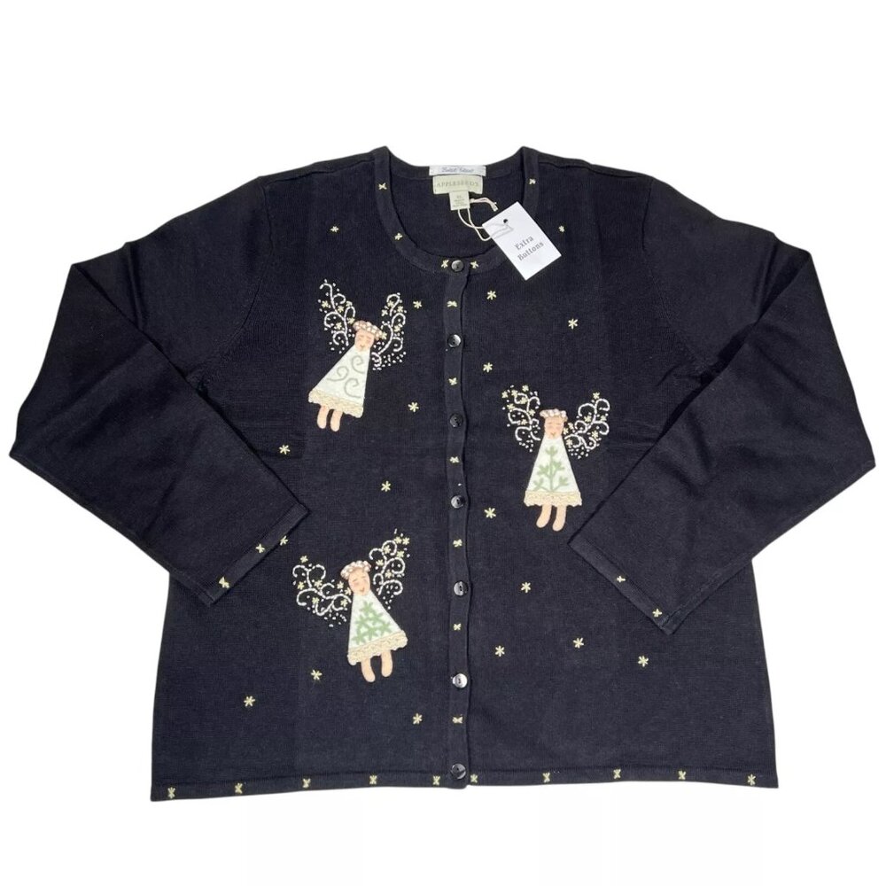 Limited Edition Appleseed's Womens Black Christmas Angels Cardigan Sweater Sz XL - Picture 3 of 16